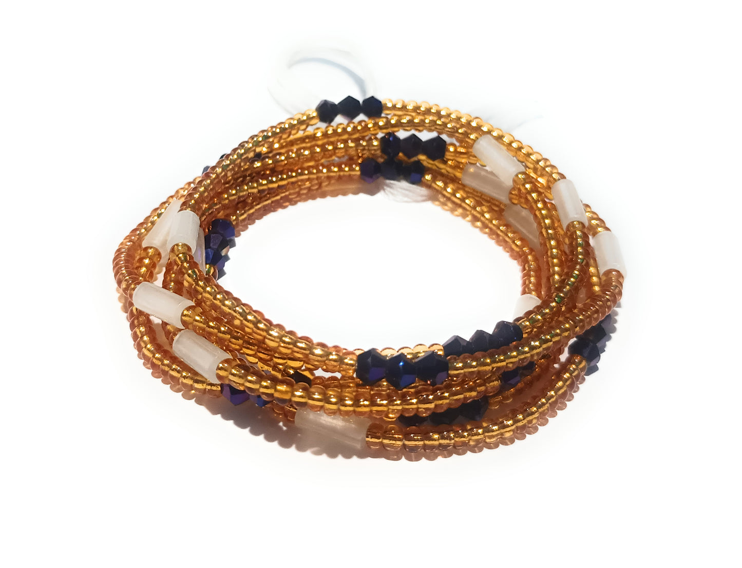 Gold Glass Waist Beads with Glow-in-the-Dark and Crystal Accents, 44-Inch Cotton Tie-on Strand