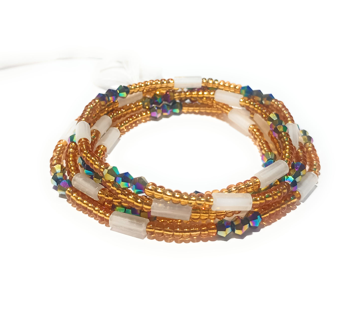 Gold Glass Waist Beads with Glow-in-the-Dark and Crystal Accents, 44-Inch Cotton Tie-on Strand