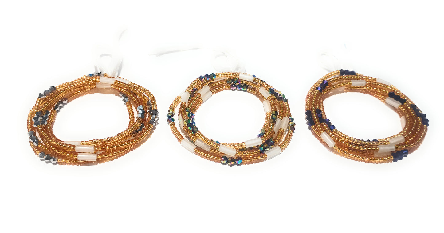 Gold Glass Waist Beads with Glow-in-the-Dark and Crystal Accents, 44-Inch Cotton Tie-on Strand