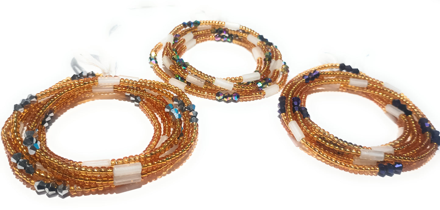 Gold Glass Waist Beads with Glow-in-the-Dark and Crystal Accents, 44-Inch Cotton Tie-on Strand