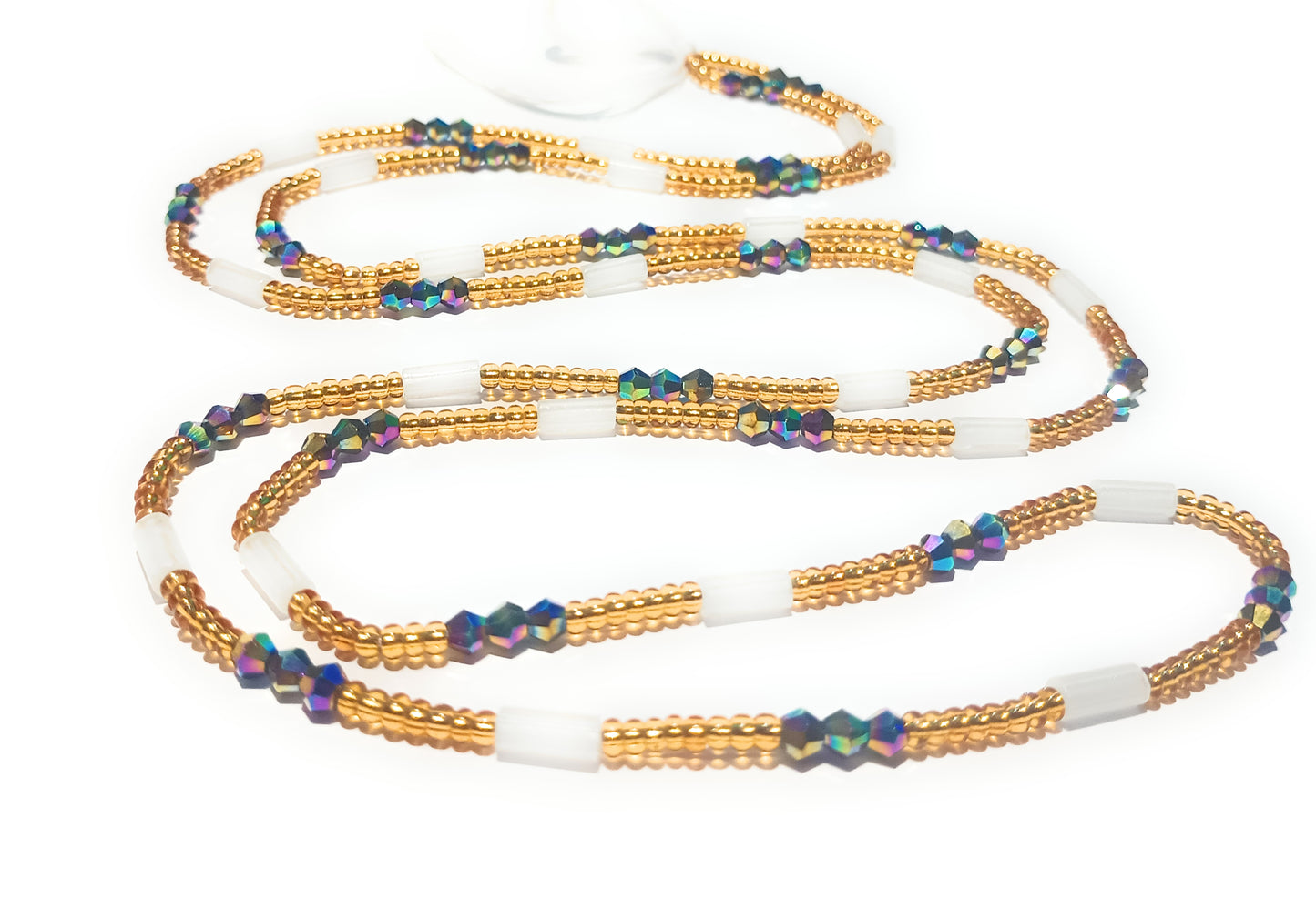 Gold Glass Waist Beads with Glow-in-the-Dark and Crystal Accents, 44-Inch Cotton Tie-on Strand