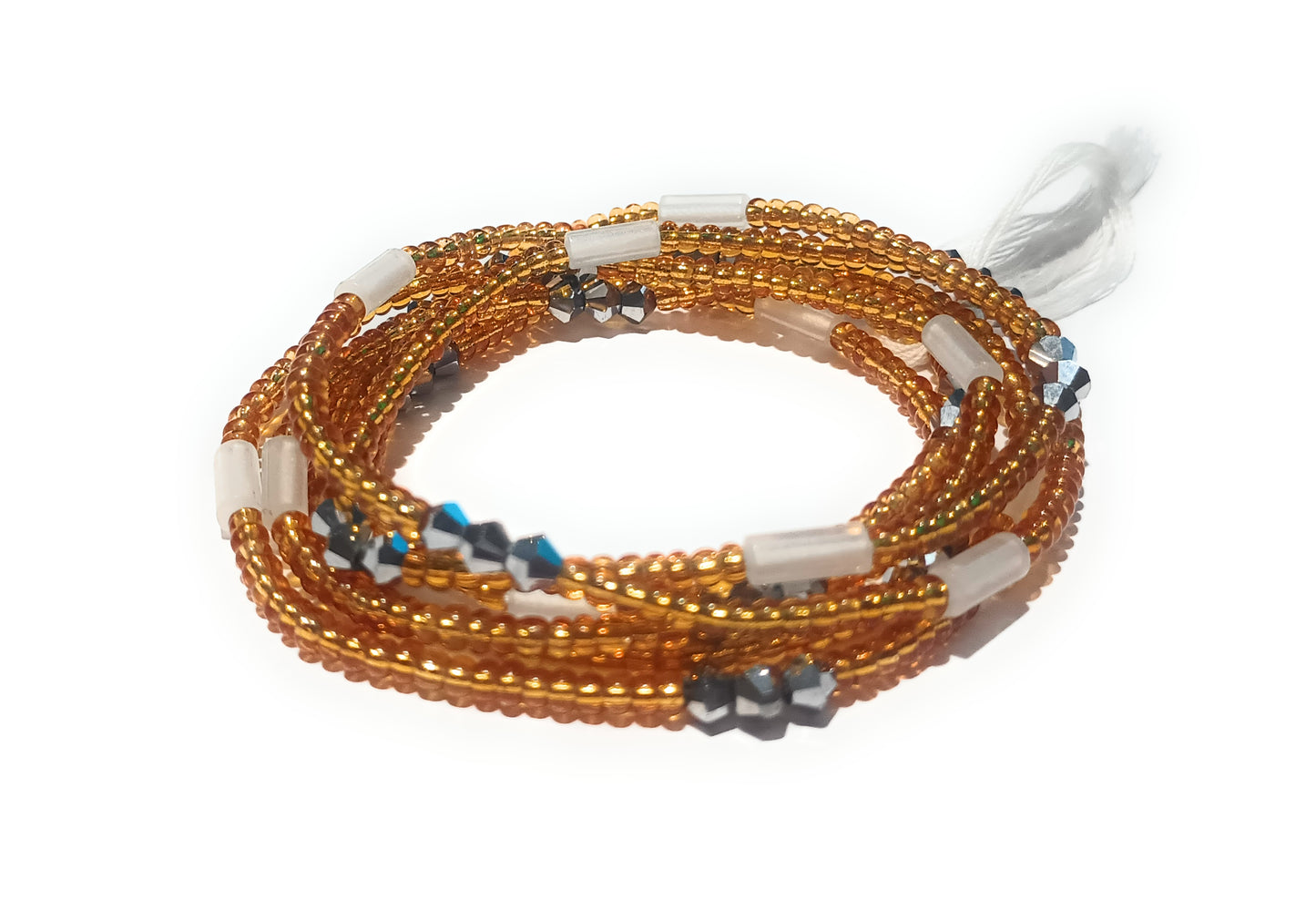 Gold Glass Waist Beads with Glow-in-the-Dark and Crystal Accents, 44-Inch Cotton Tie-on Strand