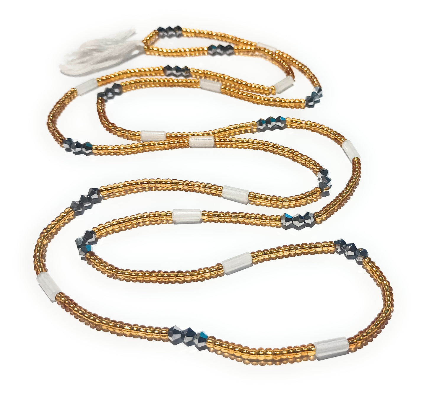 Gold Glass Waist Beads with Glow-in-the-Dark and Crystal Accents, 44-Inch Cotton Tie-on Strand
