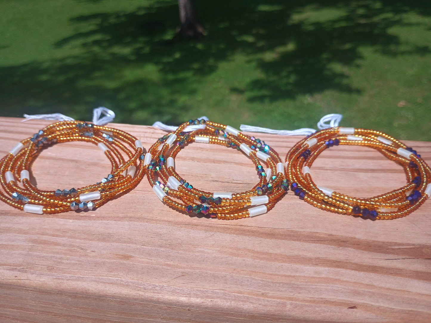 Gold Glass Waist Beads with Glow-in-the-Dark and Crystal Accents, 44-Inch Cotton Tie-on Strand