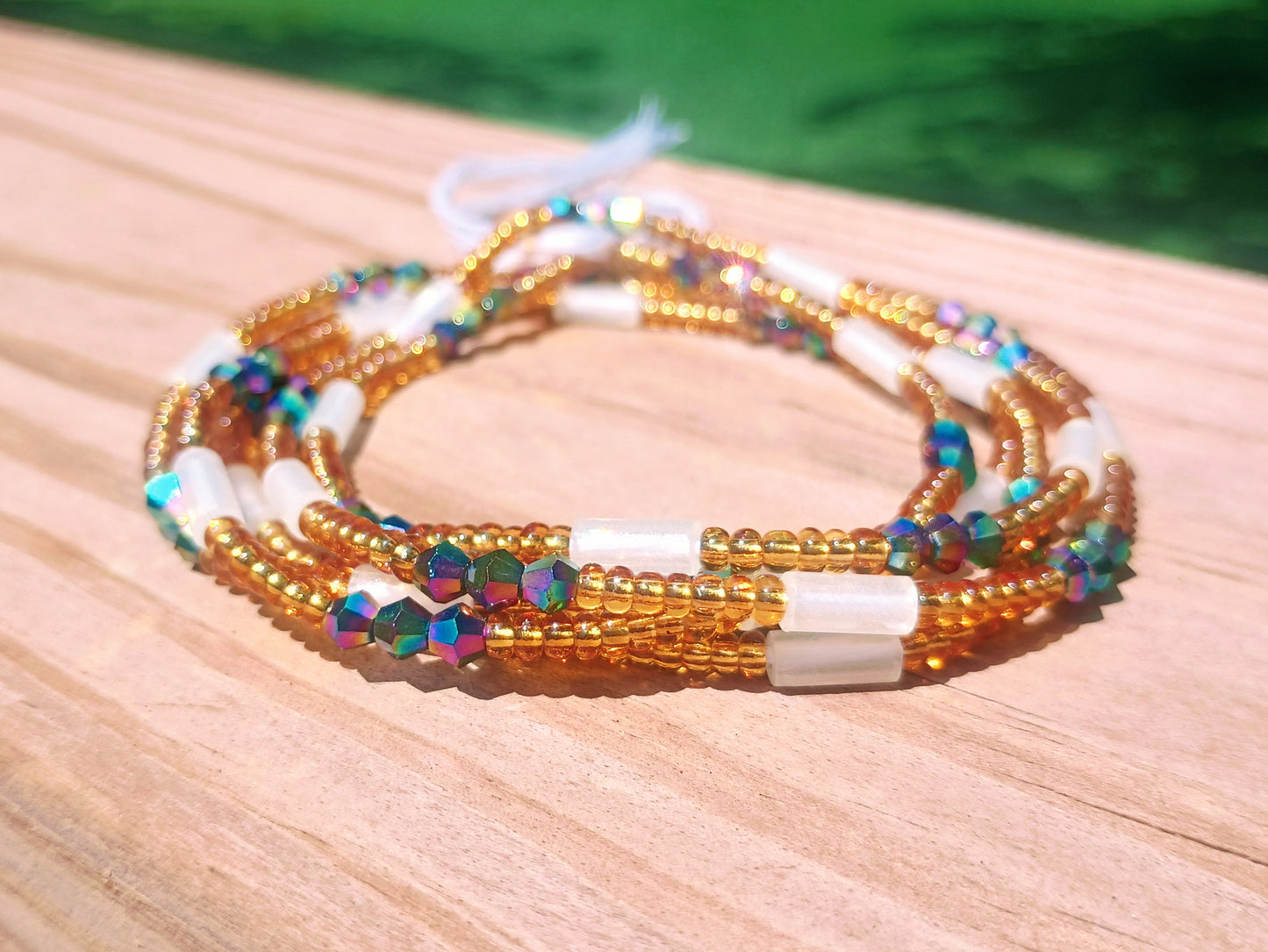 Gold Glass Waist Beads with Glow-in-the-Dark and Crystal Accents, 44-Inch Cotton Tie-on Strand