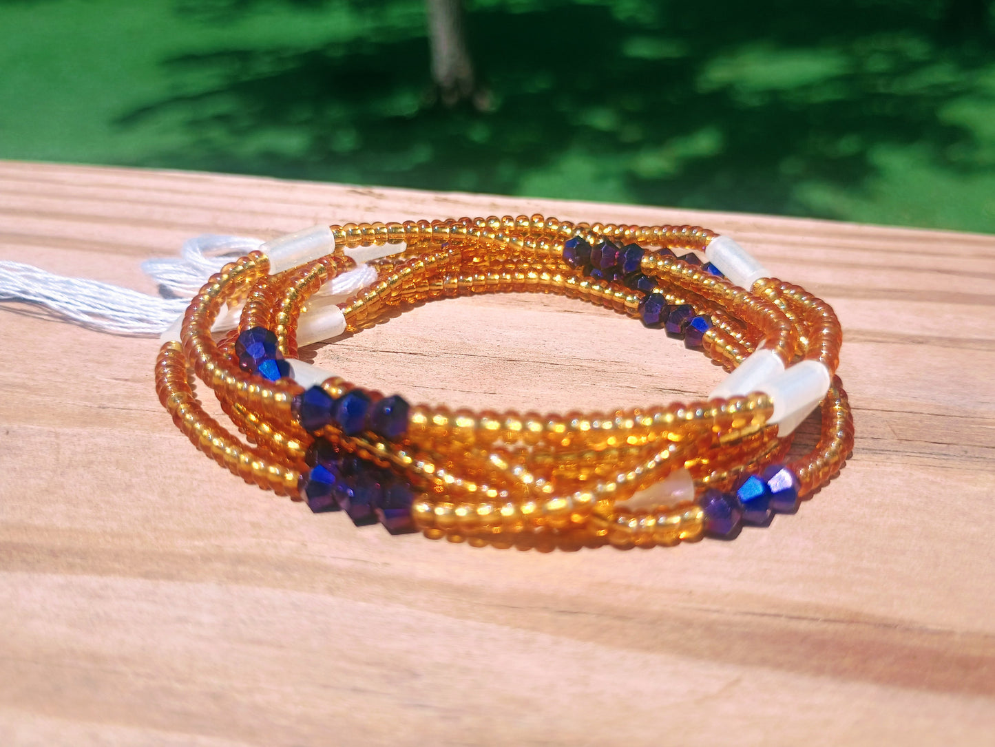 Gold Glass Waist Beads with Glow-in-the-Dark and Crystal Accents, 44-Inch Cotton Tie-on Strand