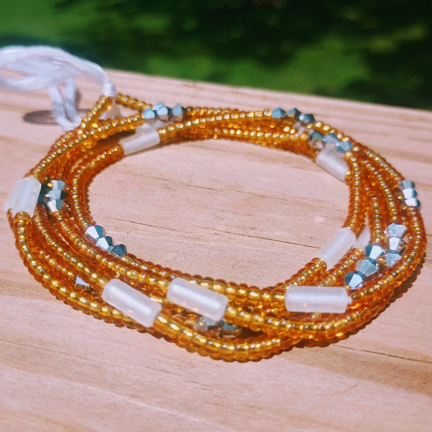 Gold Glass Waist Beads with Glow-in-the-Dark and Crystal Accents, 44-Inch Cotton Tie-on Strand