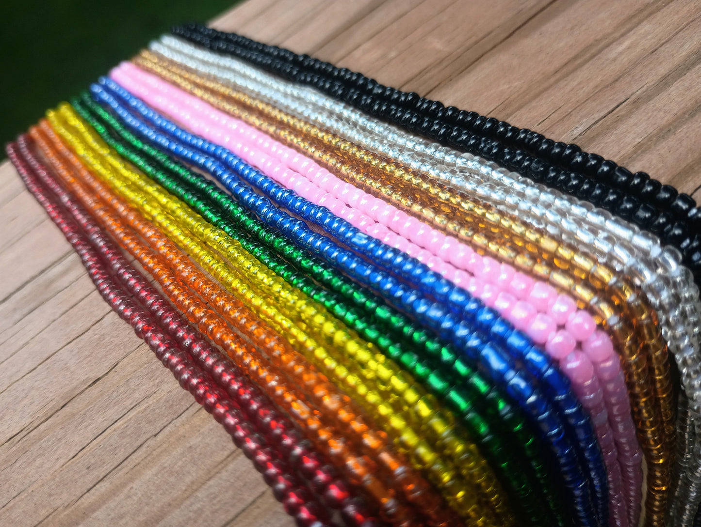Nine Glossy Glass Waist Beads, Pack of Rainbow Colors