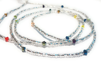 Clear Glass Waist Beads with Multi-Color Crystal Accents, 44-Inch Tie-On Cotton String