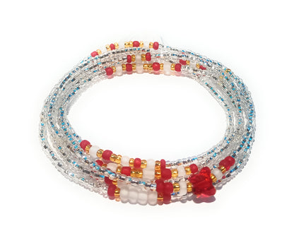 Butterfly Waist Beads, Clear Glass Beads with Red and Gold Accents, 45-Inch Tie-On Strand