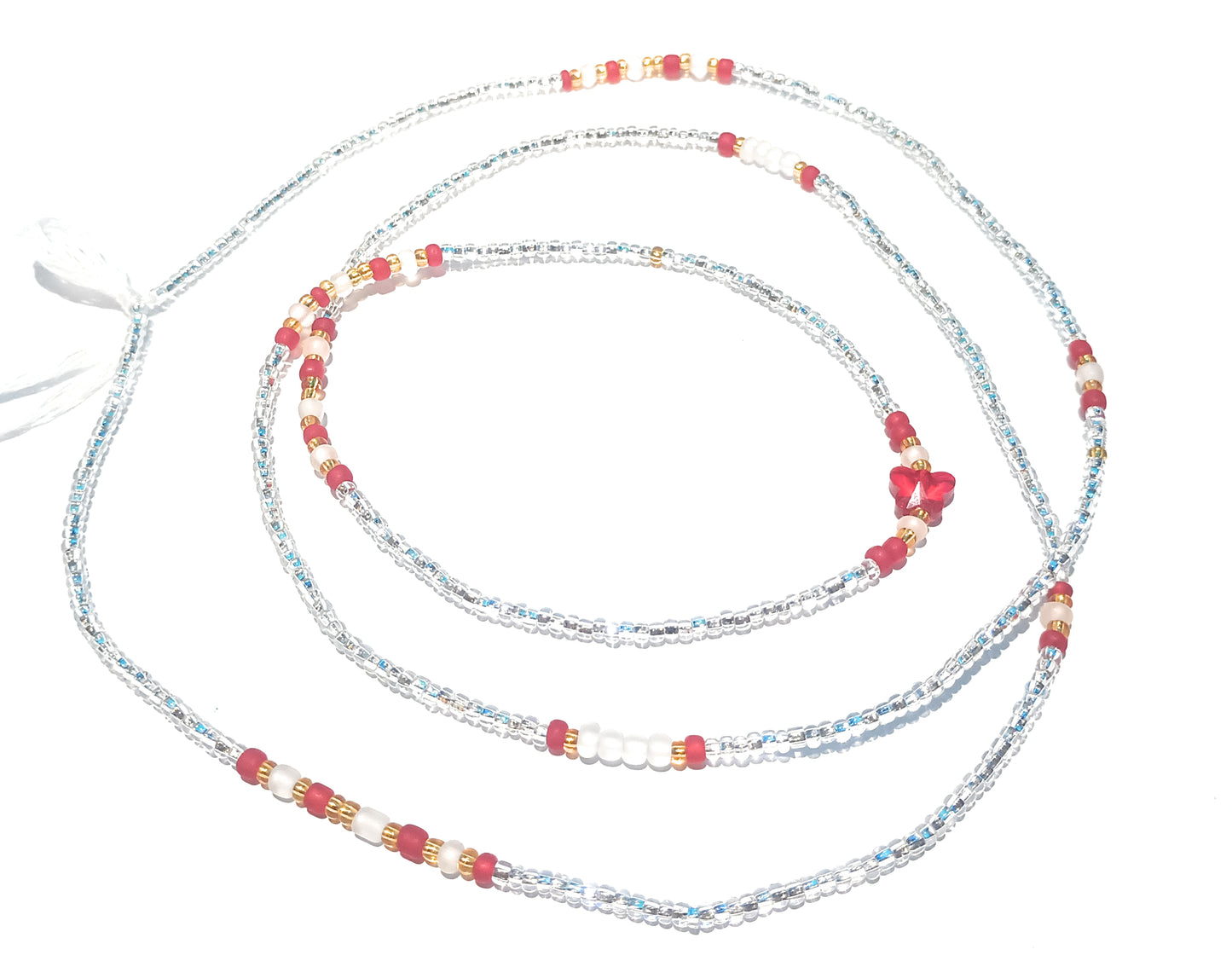 Butterfly Waist Beads, Clear Glass Beads with Red and Gold Accents, 45-Inch Tie-On Strand