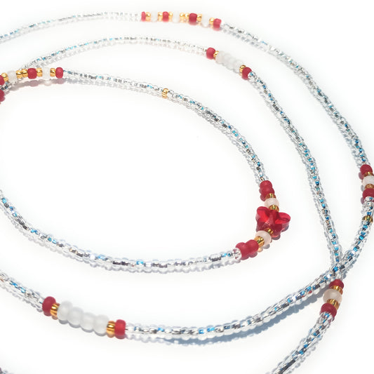 Butterfly Waist Beads, Clear Glass Beads with Red and Gold Accents, 45-Inch Tie-On Strand