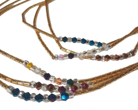 Gold Bugle Waist Beads with Diamond Accents and Clear Glass Beads, 45-Inch Tie-On Strand