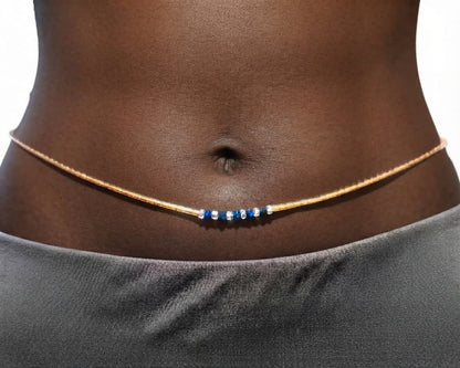 Gold Bugle Waist Beads with Diamond Accents and Clear Glass Beads, 45-Inch Tie-On Strand