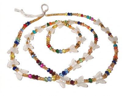 Glow-in-the-Heart and Butterfly Waist Beards, Traditional Tie-On 45-Inch Strand, Multicolor Diamond and Gold Glass Beads