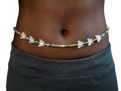 Glow-in-the-Heart and Butterfly Waist Beards, Traditional Tie-On 45-Inch Strand, Multicolor Diamond and Gold Glass Beads