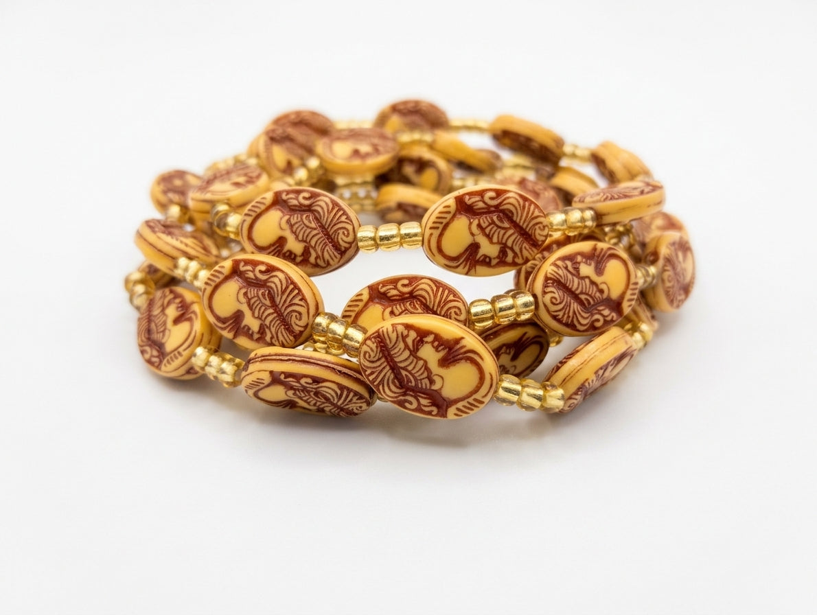 Acrylic Faux-Carved Statement Beads with Gold Accents, Lightweight Versatile Tie-On Adjustable 45-Inch Strands