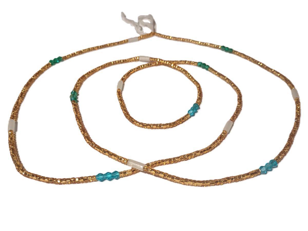 Gold Glass Waist Beads with Blue Green Diamonds and Glow-in-the-Dark Accents, 45-Inch Tie-On Strand