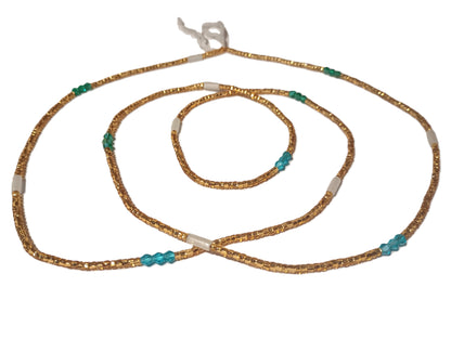 Gold Glass Waist Beads with Blue Green Diamonds and Glow-in-the-Dark Accents, 45-Inch Tie-On Strand