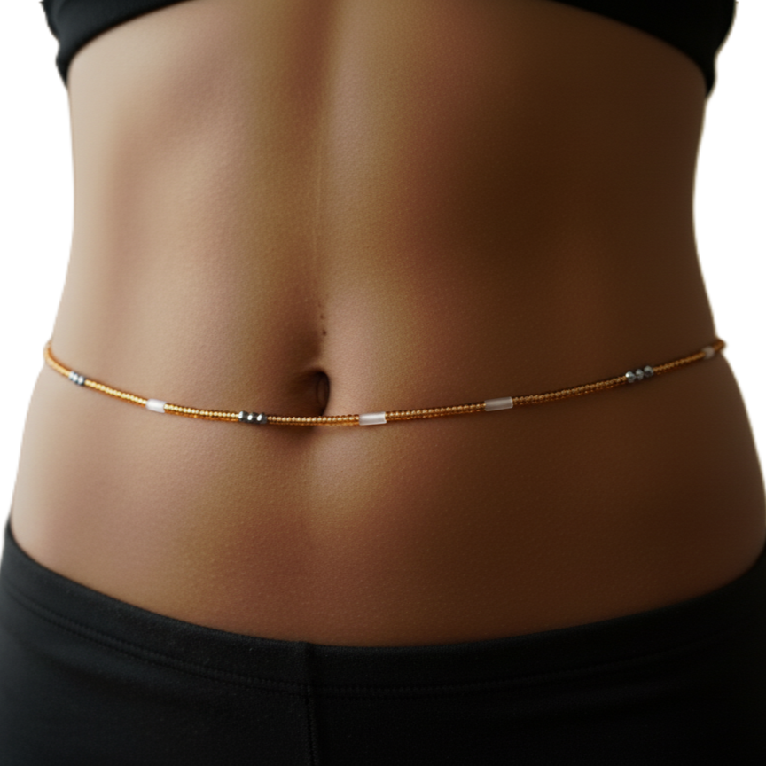 Gold Glass Waist Beads with Glow-in-the-Dark and Crystal Accents, 44-Inch Cotton Tie-on Strand