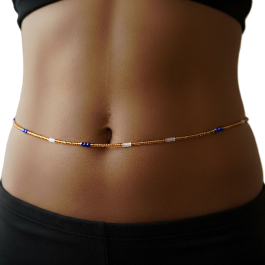 Gold Glass Waist Beads with Glow-in-the-Dark and Crystal Accents, 44-Inch Cotton Tie-on Strand