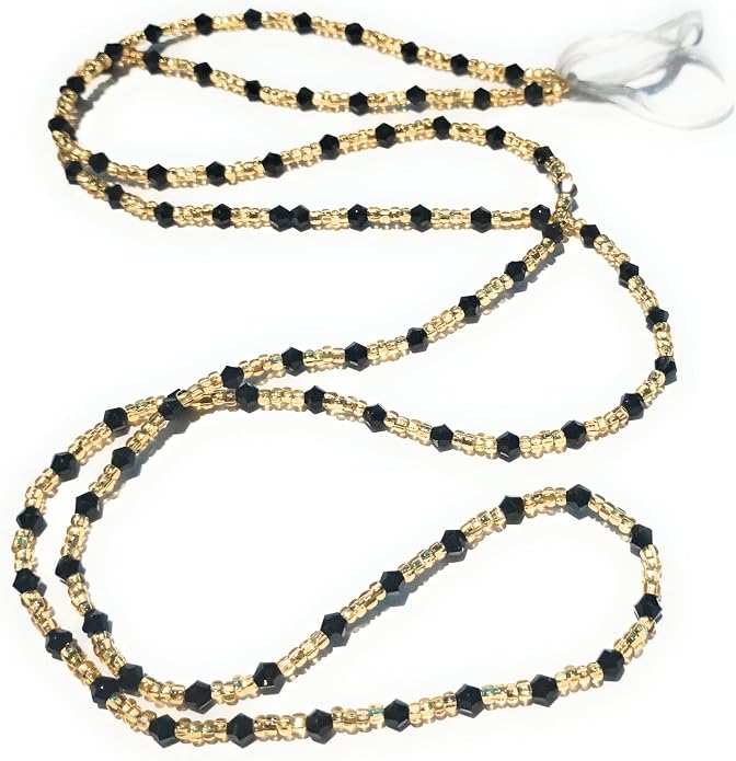 Gold Glass Waist Beads with Black Crystal Accents, 44-Inch Tie-On Cotton String
