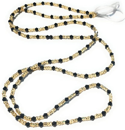 Gold Glass Waist Beads with Black Crystal Accents, 44-Inch Tie-On Cotton String