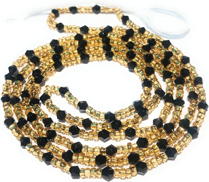 Gold Glass Waist Beads with Black Crystal Accents, 44-Inch Tie-On Cotton String