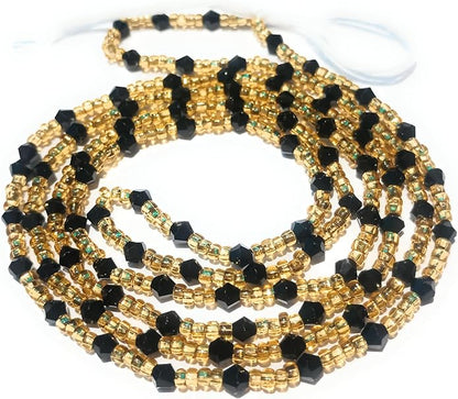 Gold Glass Waist Beads with Black Crystal Accents, 44-Inch Tie-On Cotton String