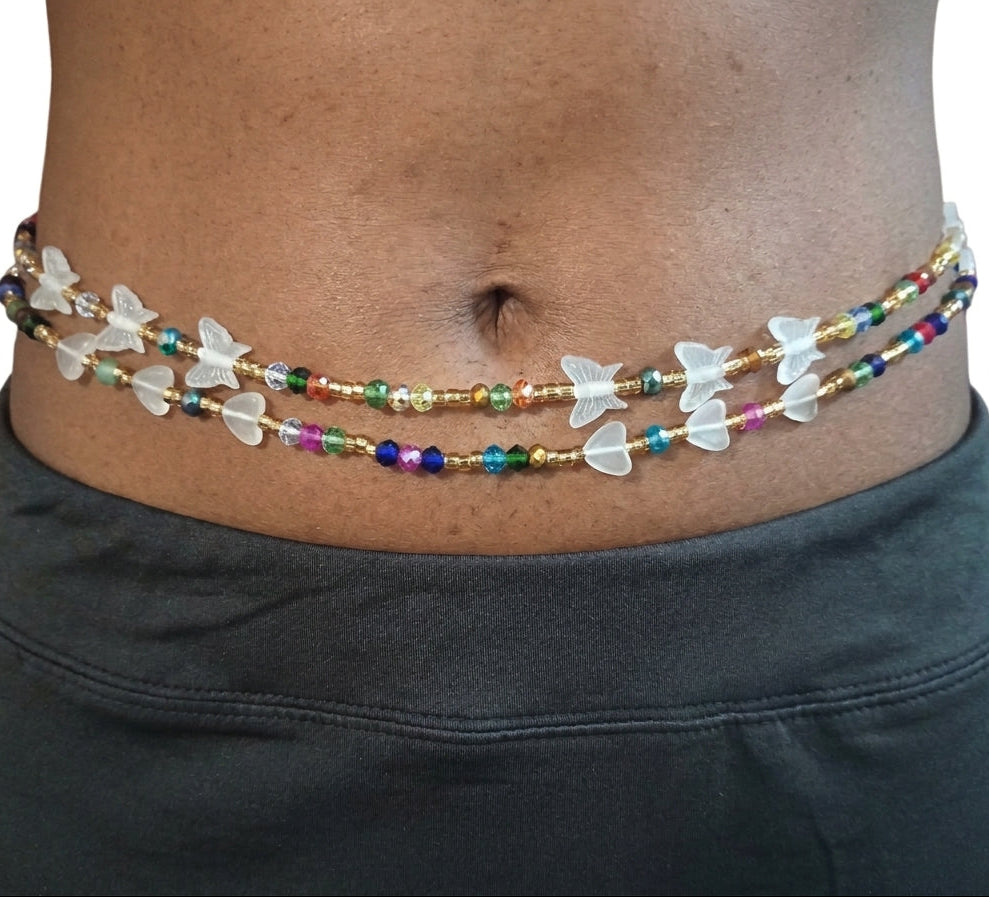 Glow-in-the-Heart and Butterfly Waist Beards, Traditional Tie-On 45-Inch Strand, Multicolor Diamond and Gold Glass Beads