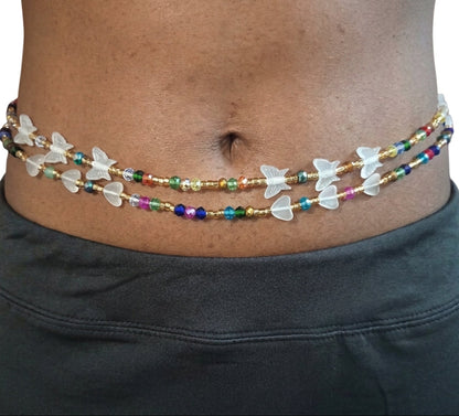 Glow-in-the-Heart and Butterfly Waist Beards, Traditional Tie-On 45-Inch Strand, Multicolor Diamond and Gold Glass Beads