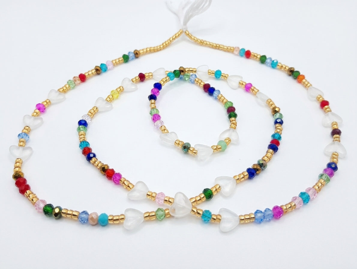 Glow-in-the-Heart and Butterfly Waist Beards, Traditional Tie-On 45-Inch Strand, Multicolor Diamond and Gold Glass Beads