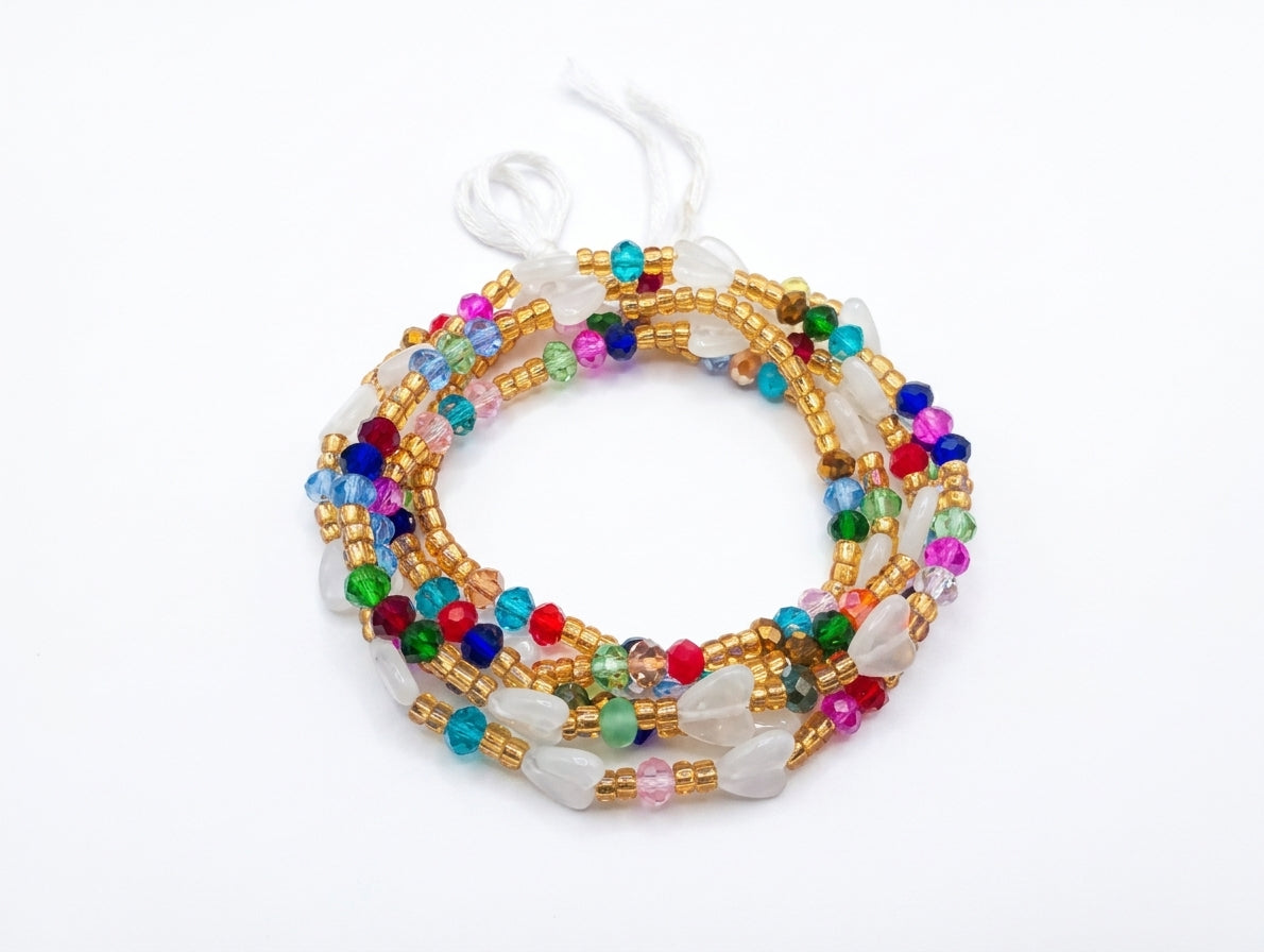 Glow-in-the-Heart and Butterfly Waist Beards, Traditional Tie-On 45-Inch Strand, Multicolor Diamond and Gold Glass Beads