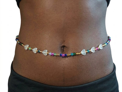 Glow-in-the-Heart and Butterfly Waist Beards, Traditional Tie-On 45-Inch Strand, Multicolor Diamond and Gold Glass Beads