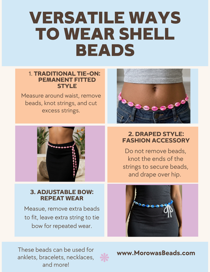 Cowrie Shell Waist Beads with Gold Accents, Lightweight Versatile Tie-On Strands