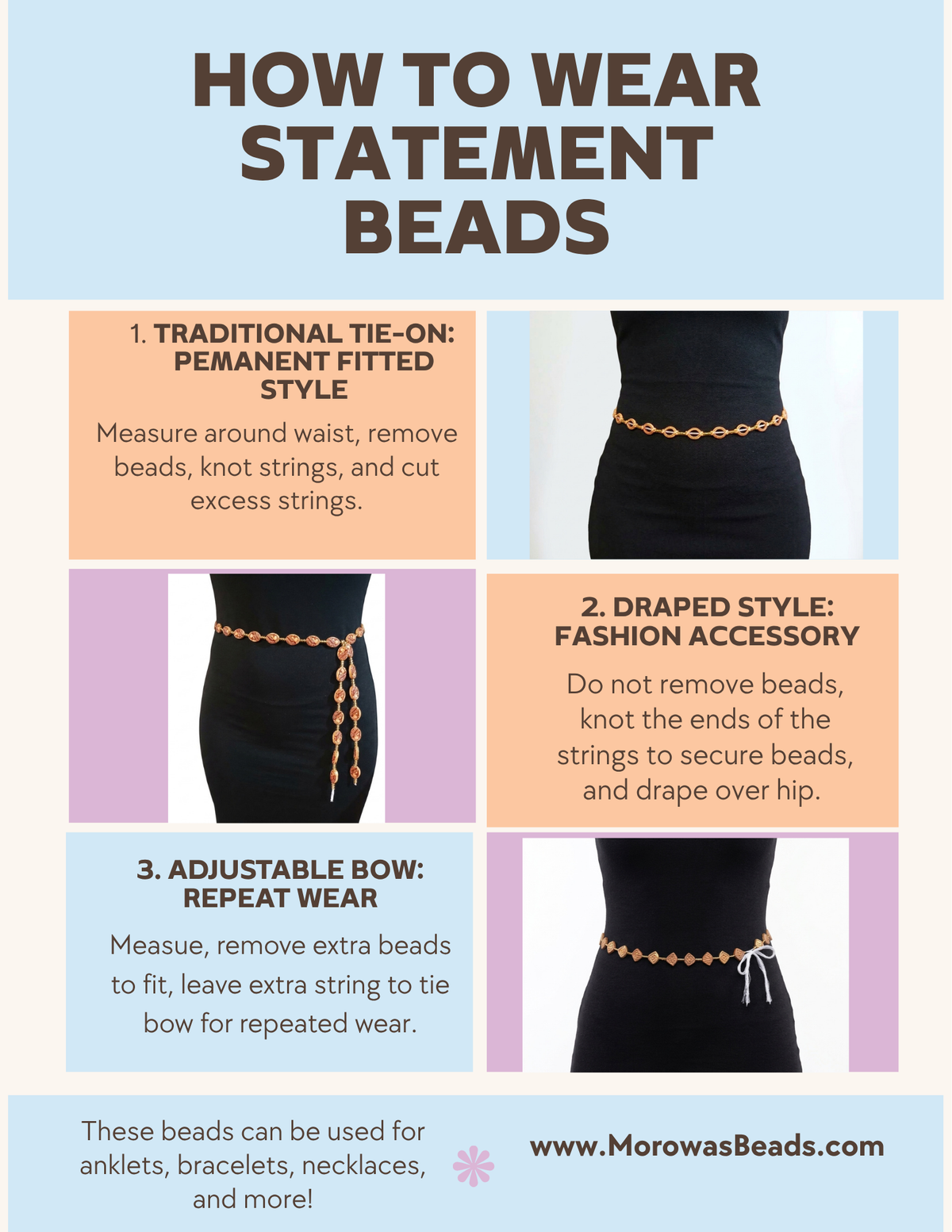 Acrylic Faux-Carved Statement Beads with Gold Accents, Lightweight Versatile Tie-On Adjustable 45-Inch Strands