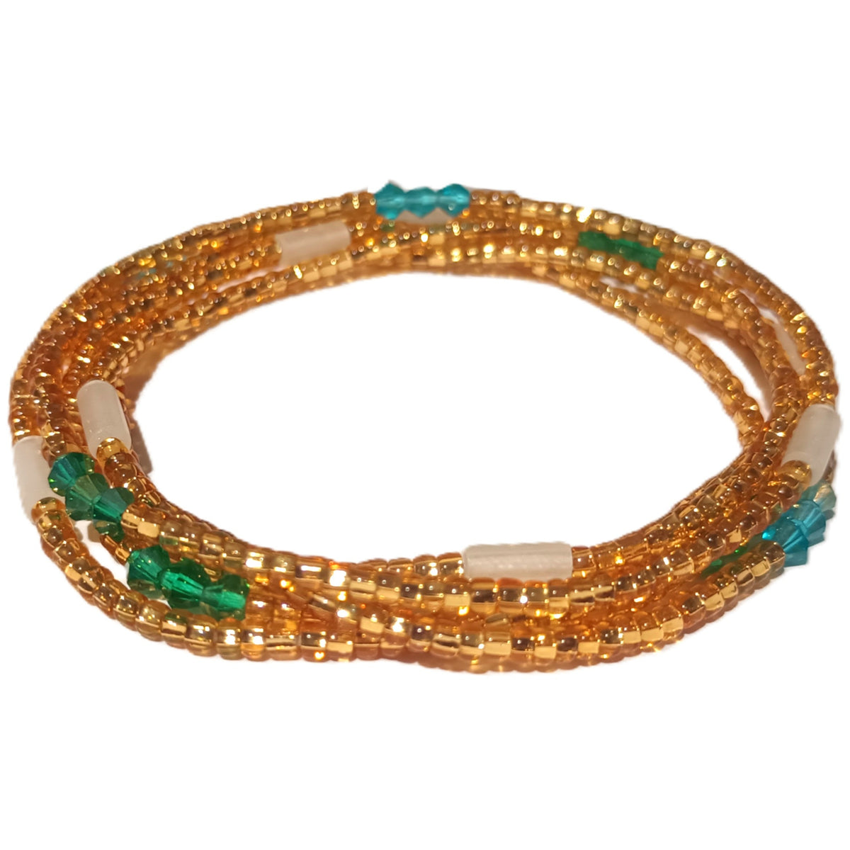 Gold Glass Waist Beads with Blue Green Diamonds and Glow-in-the-Dark Accents, 45-Inch Tie-On Strand