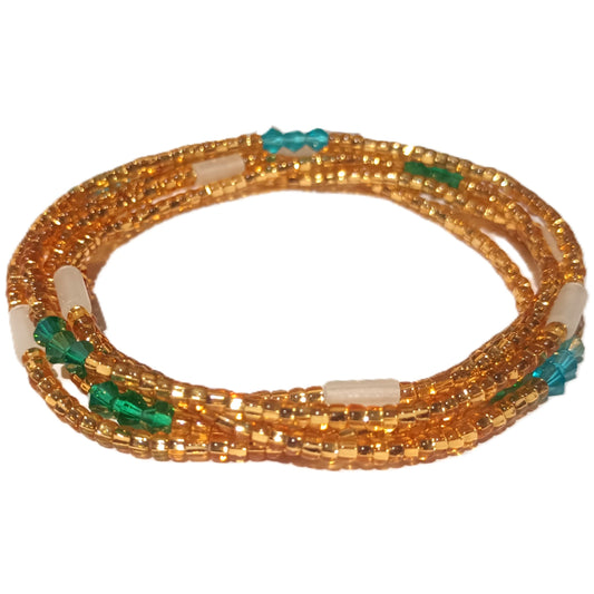 Gold Glass Waist Beads with Blue Green Diamonds and Glow-in-the-Dark Accents, 45-Inch Tie-On Strand