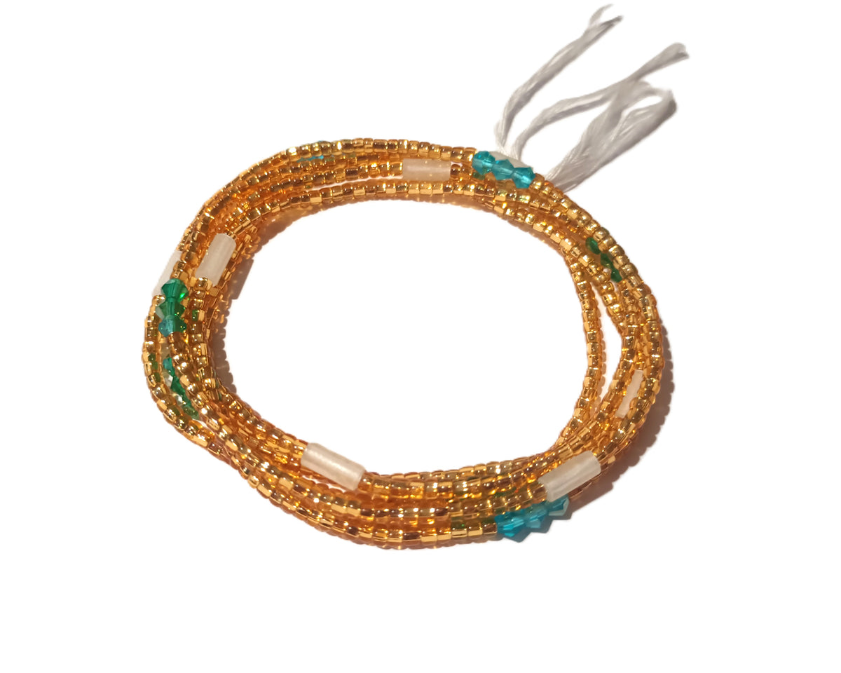 Gold Glass Waist Beads with Blue Green Diamonds and Glow-in-the-Dark Accents, 45-Inch Tie-On Strand