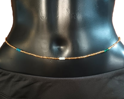 Gold Glass Waist Beads with Blue Green Diamonds and Glow-in-the-Dark Accents, 45-Inch Tie-On Strand