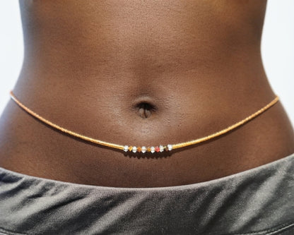 Gold Bugle Waist Beads with Diamond Accents and Clear Glass Beads, 45-Inch Tie-On Strand