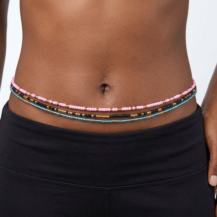 Gold & Colorful Authentic Tie-on Glass Waist Beads, 45-Inch Strand