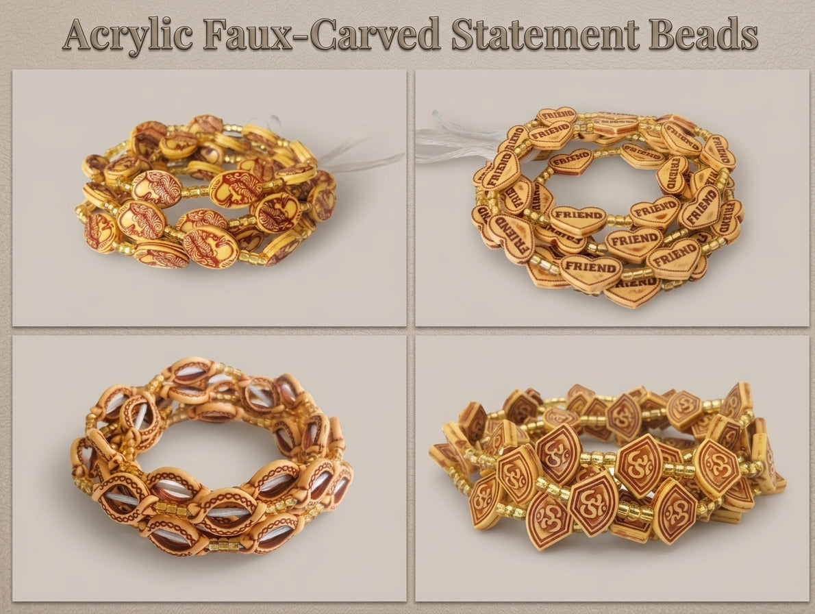 Acrylic Faux-Carved Statement Beads with Gold Accents, Lightweight Versatile Tie-On Adjustable 45-Inch Strands