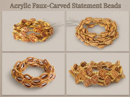 Acrylic Faux-Carved Statement Beads with Gold Accents, Lightweight Versatile Tie-On Adjustable 45-Inch Strands