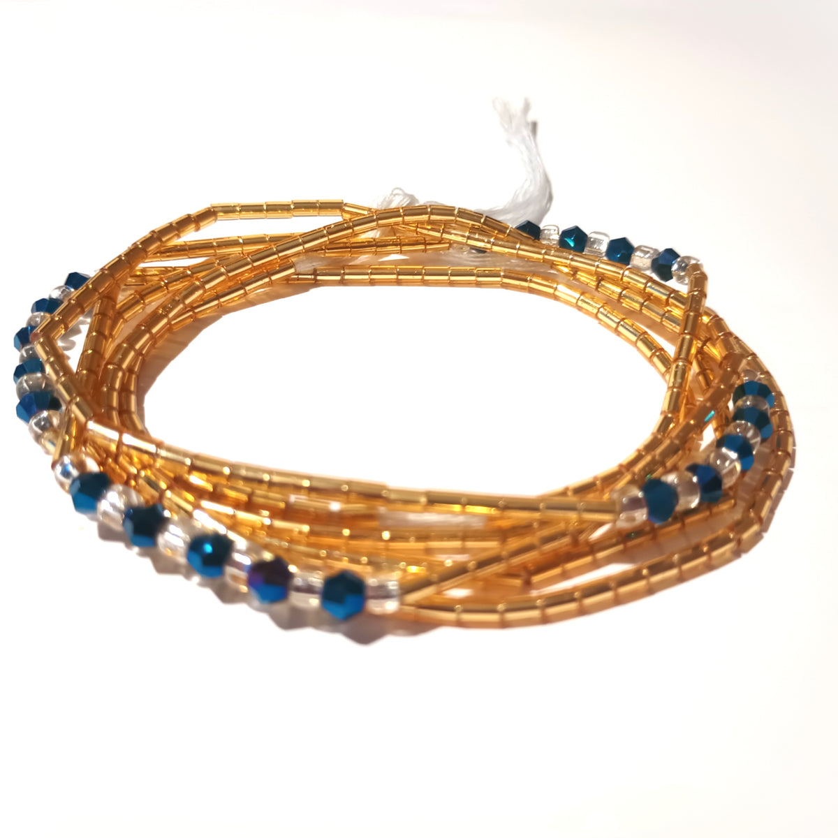 Gold Bugle Waist Beads with Diamond Accents and Clear Glass Beads, 45-Inch Tie-On Strand