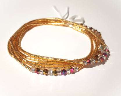 Gold Bugle Waist Beads with Diamond Accents and Clear Glass Beads, 45-Inch Tie-On Strand