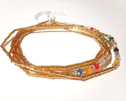 Gold Bugle Waist Beads with Diamond Accents and Clear Glass Beads, 45-Inch Tie-On Strand